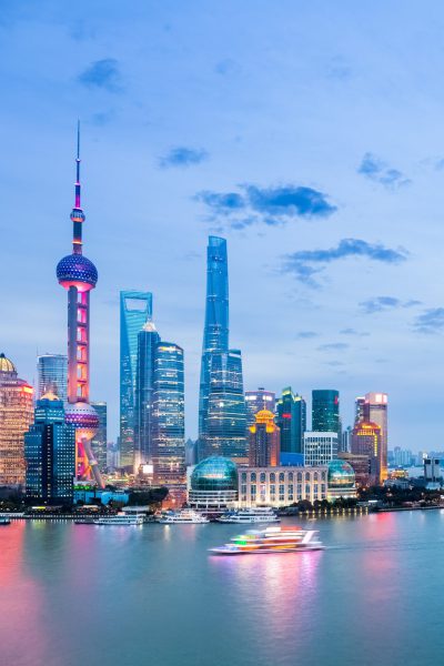 beautiful shanghai cityscape in nightfall , huangpu river with pudong skyline, China